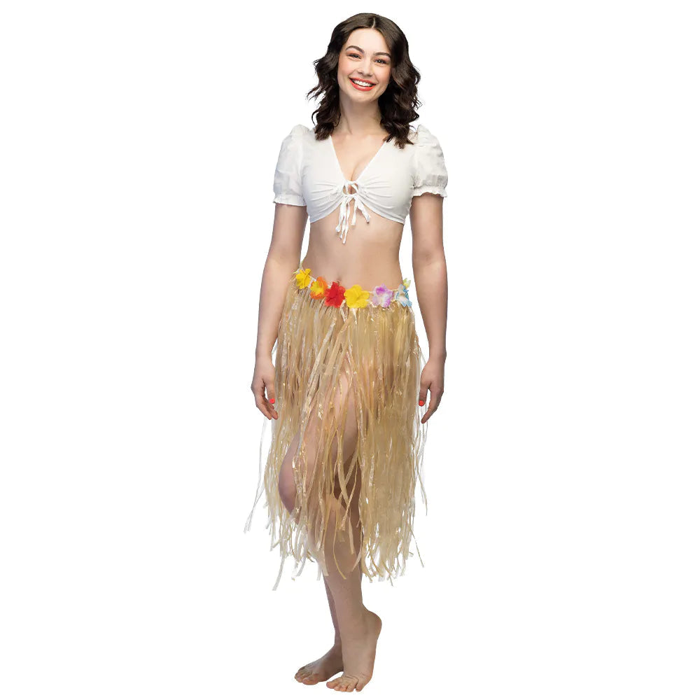 Hawaii "Bastrock" mit Blumen 80 cm | Naturell