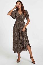 Leopard Print V Neck Midi Dress In Brown