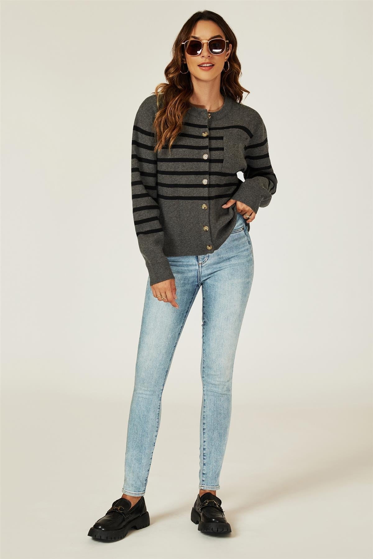 Pocket Stripe Knitted Cardigan In Dark Grey