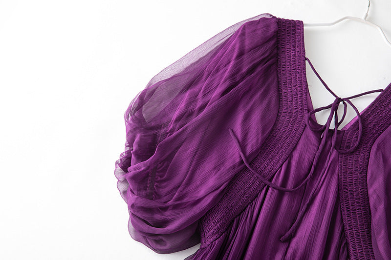 Damen Seidenkleid mit Puffärmeln | Luftsüßes Boho Maxikleid