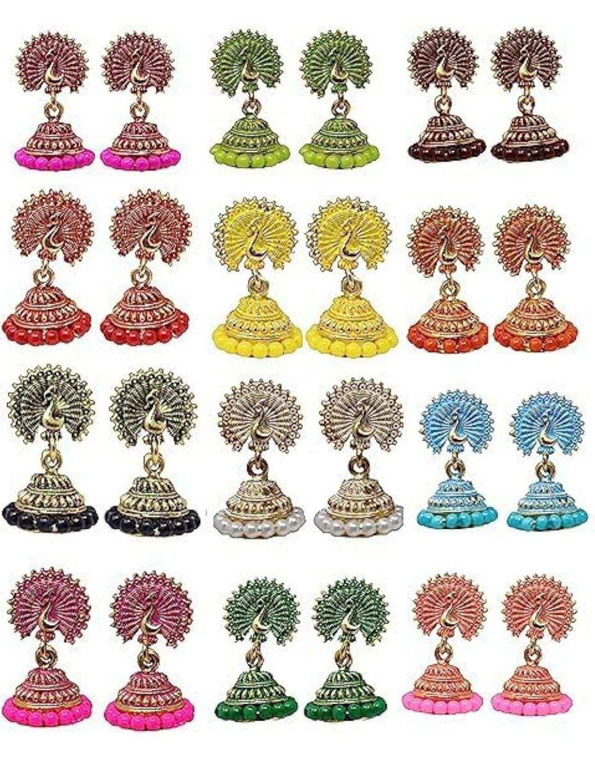Women's Traditional Gold Ethnic Antique South Indian Round Pearl Moti Feather Peacock Jhumka Earrings