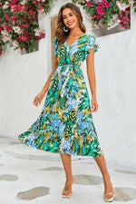 Floral Print Wrap Dress In Yellow & Green