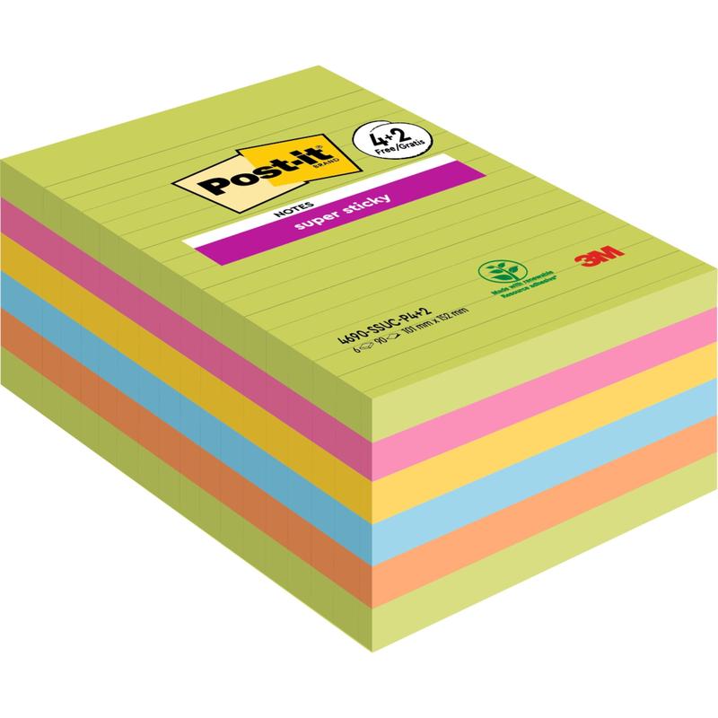 Post-it® Super Sticky Notes im Großformat, Verschiedene Farben, Liniert, 101 mm x 152 mm, Promotion, 90 Blatt/Block, 4 Blöcke + 2 Gratis/Packung, 100% PEFC, SGSCH-PEFC-COC-110078 | Packung (1 Stück)