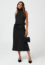 Satin Halter Neck Tie Back Top In Black