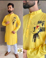 Mens Kurta Pyjama in Germany with ganesh print yellow