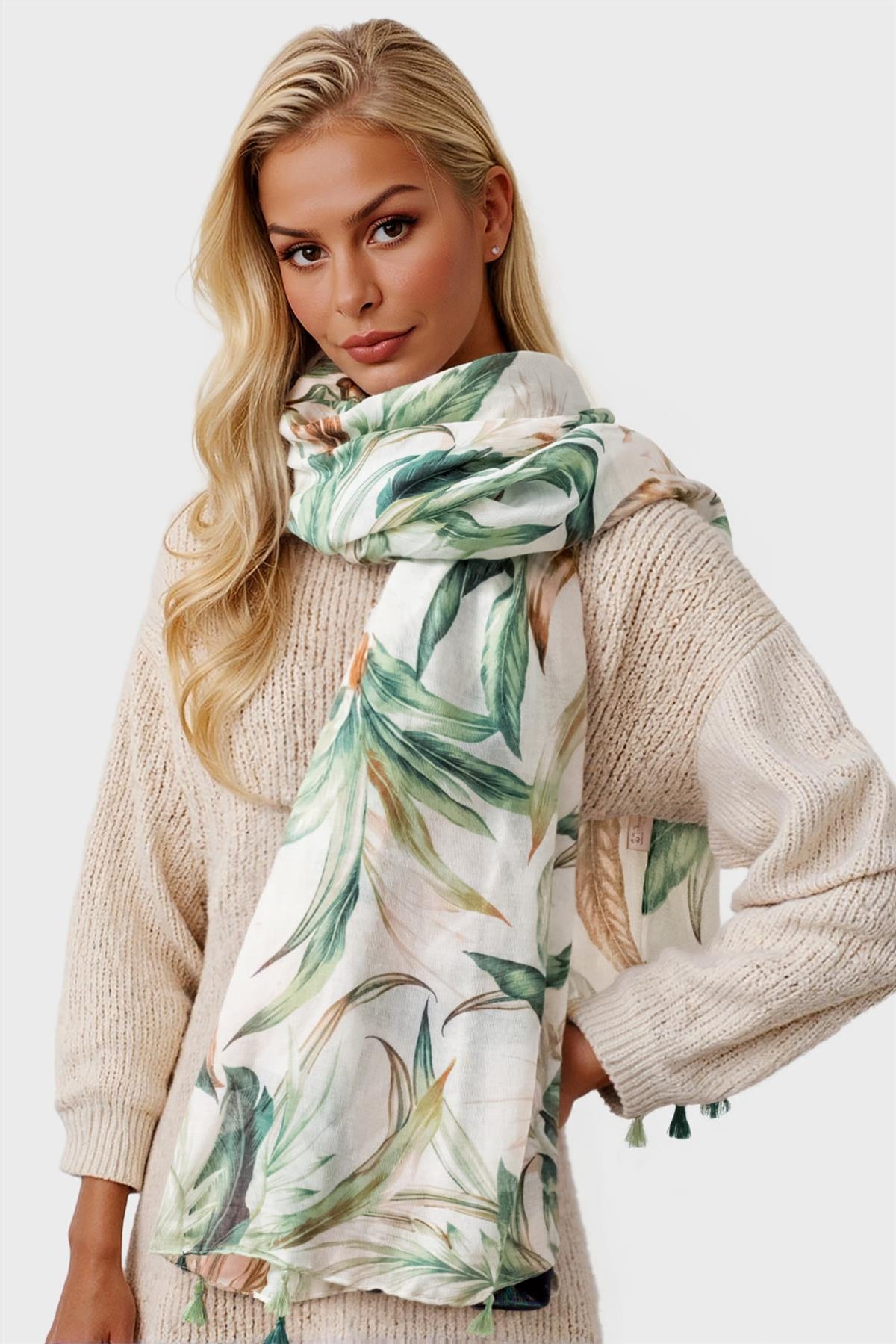 Green Leaf Print Tassel Scarf In White