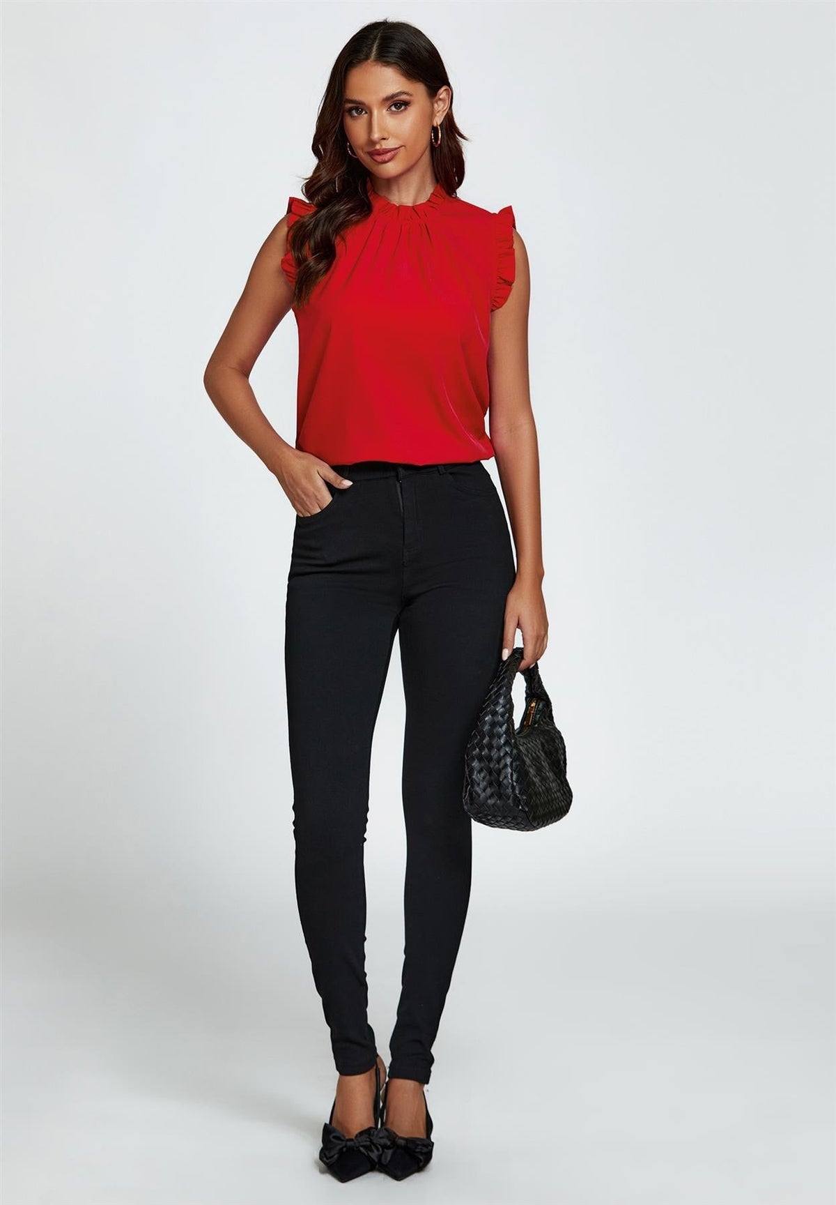 Frill Trim Sleeve Frill Neck Blouse Top In Red