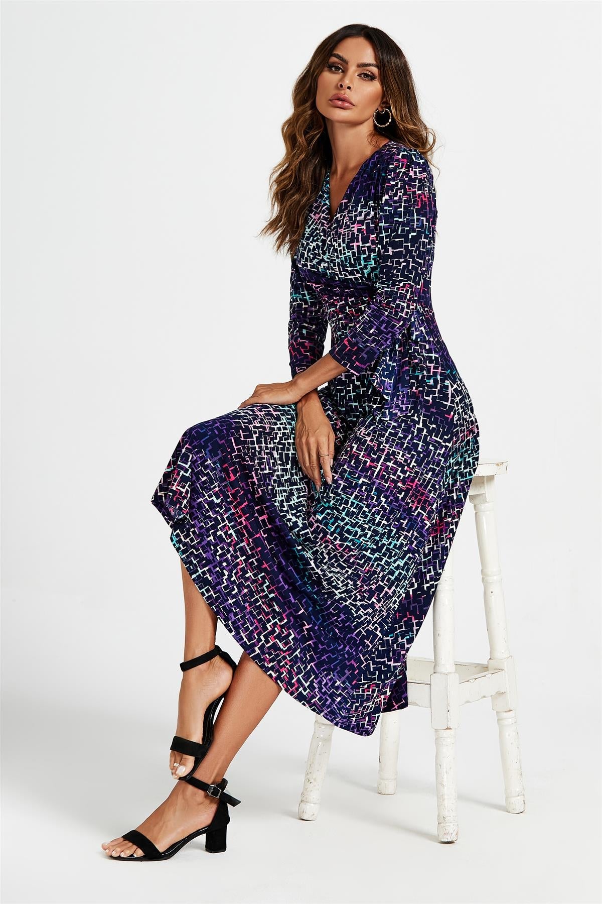 Geometric Print Wrap Top Midi Dress In Navy