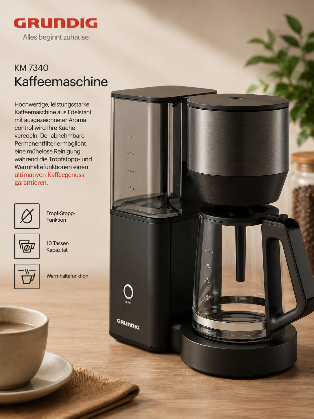 GRUNDIG KM7340 Filterkaffeemaschine 1,25L 10 Tassen 1150W Aromawahl C04