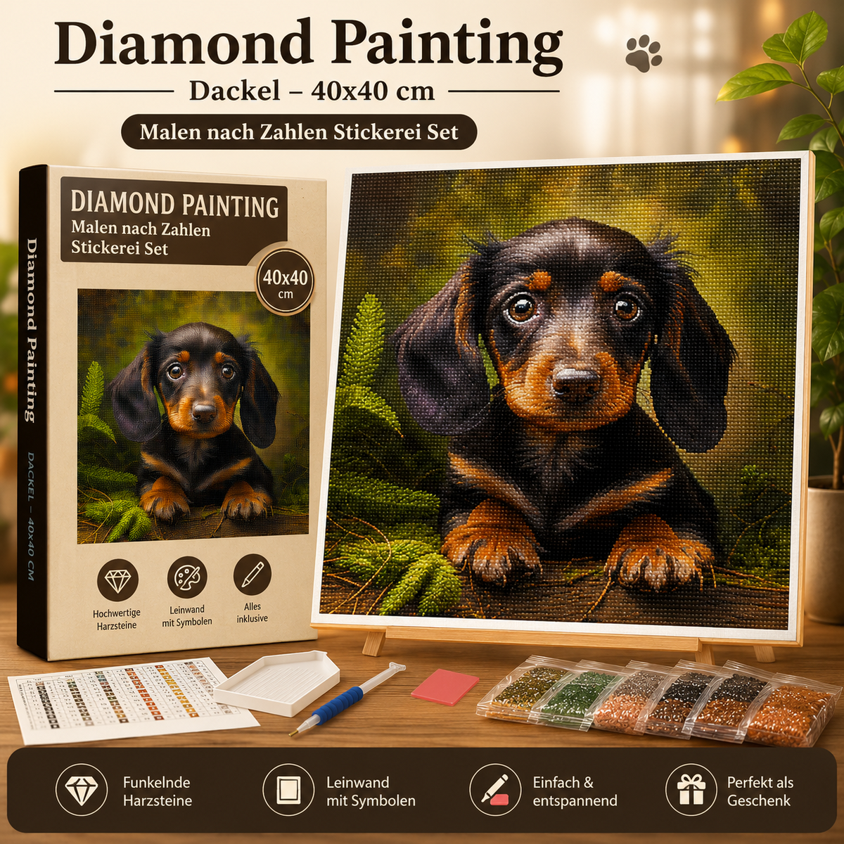 Diamond Painting Dackel 40x40cm Malen nach Zahlen Stickerei Set Hund D10