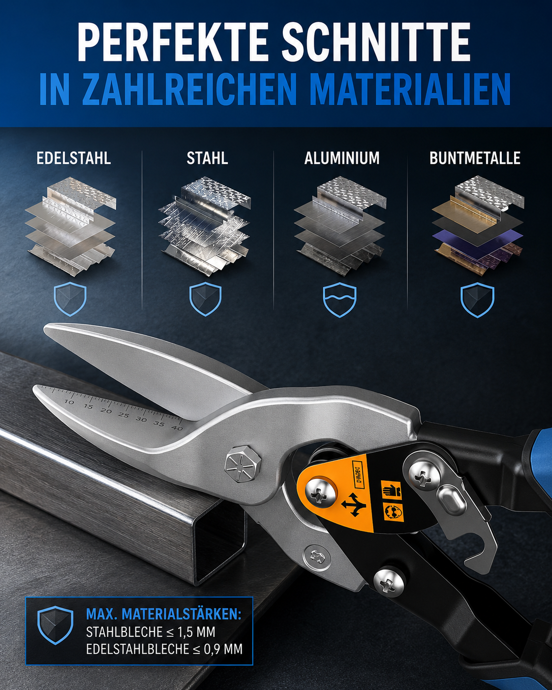 Blechschere gerader Schnitt Millimeterskala Metallschere Blechschneider A3