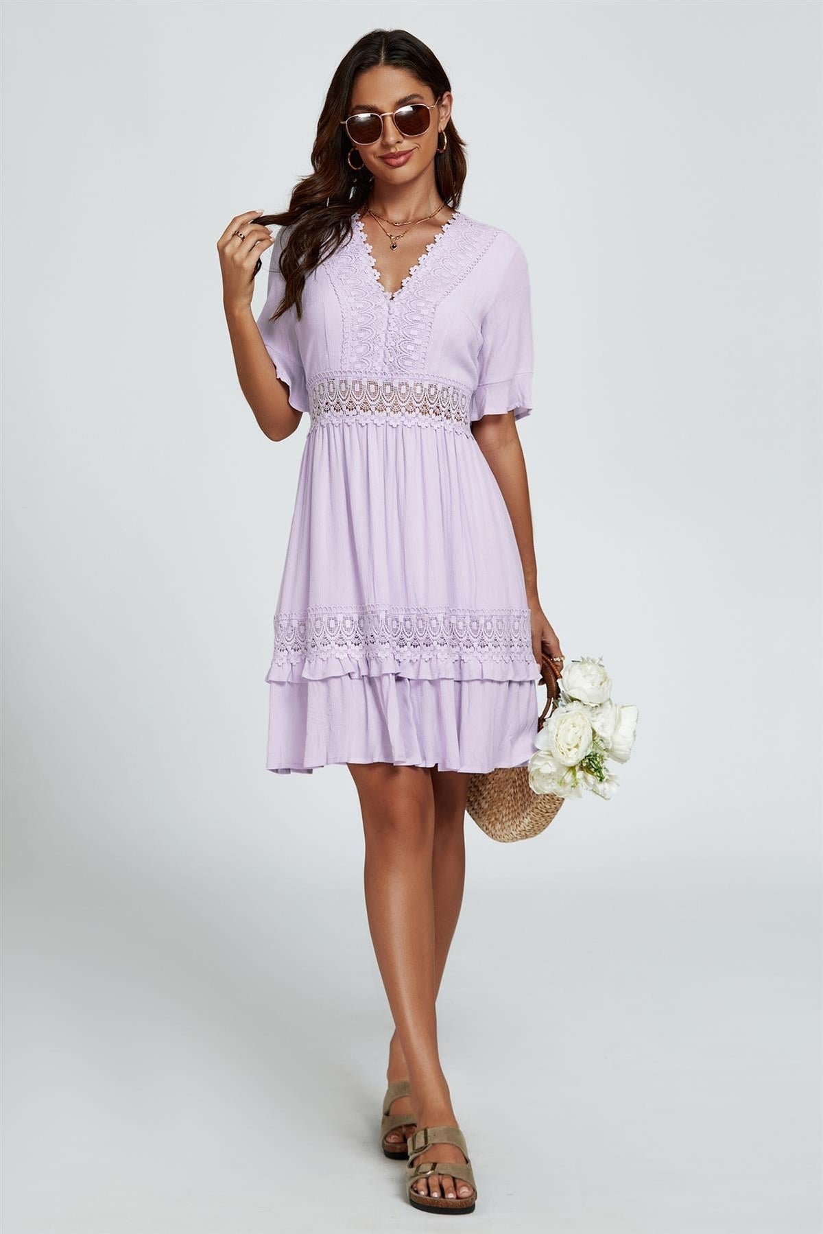 V Neck Lace Mini Dress In Purple