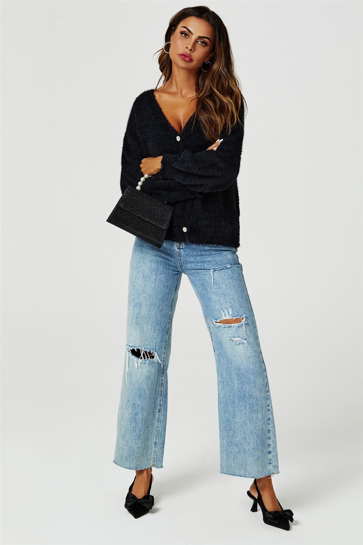 Relaxed Cozy Soft Cardigan In Black