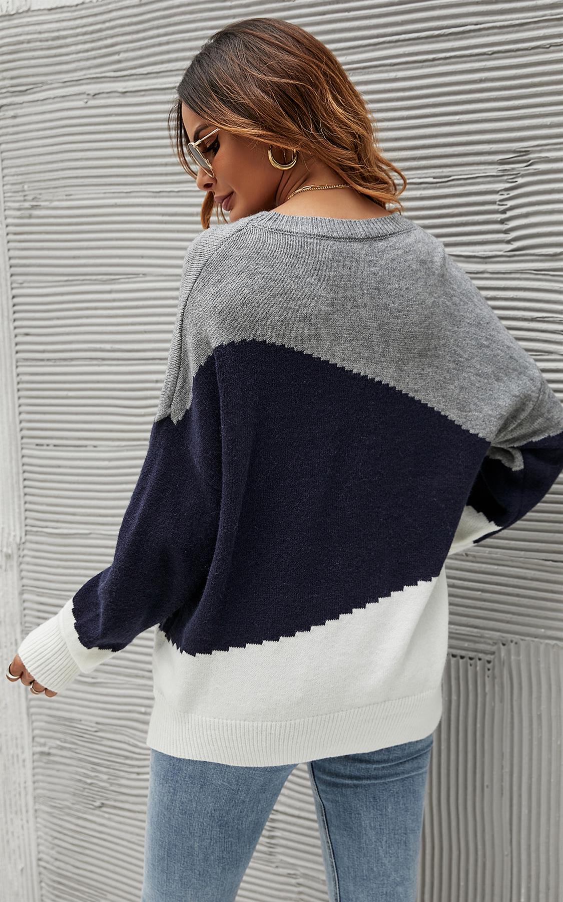 Navy & White Block Colour Jumper Top In Grey