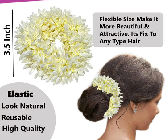 Scented Mogra Gajra Hair Accessories For Women & Girls - Hair Flower Bun Artificial Fake Gajra Scrunchies Rubber Band - Premium & Voluminous, White