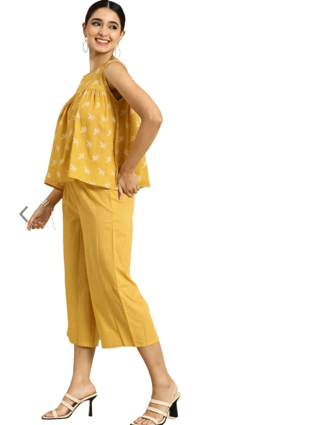 Women Yellow Ethnic Motifs Printed Pleated Pure Cotton Top with Palazzos