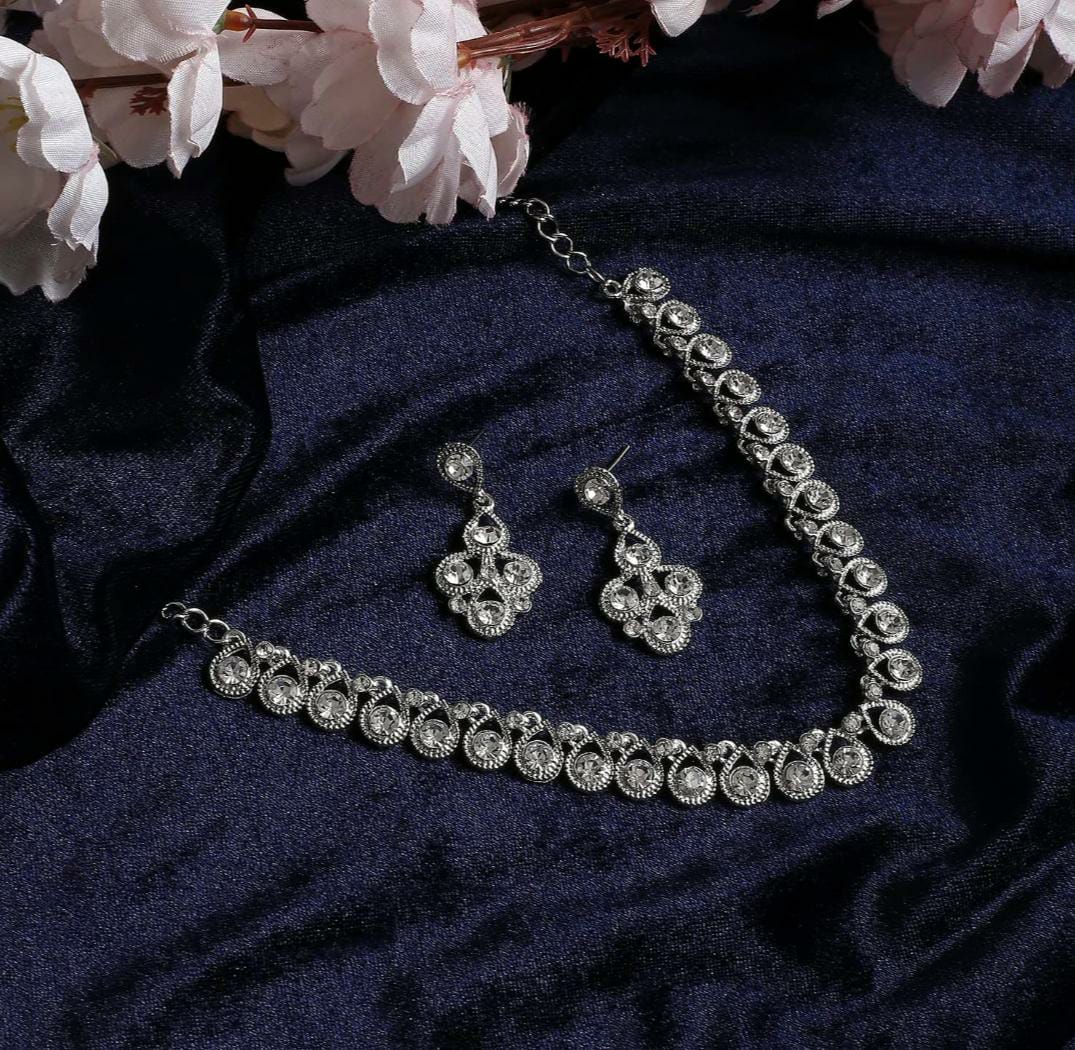 Women's Silver Plated American Diamond Necklace/Jewellery Set with Earrings