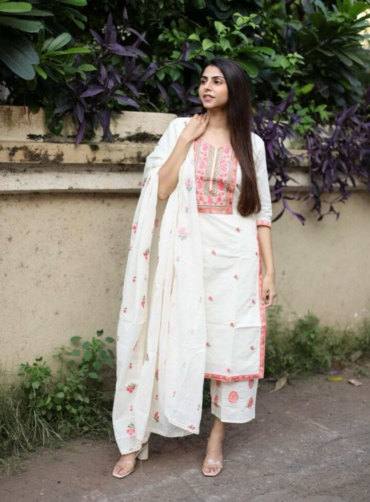 Off White & Pink Cotton Floral Thread Work Kurta with Palazzos & Dupatta
