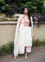 Off White & Pink Cotton Floral Thread Work Kurta with Palazzos & Dupatta