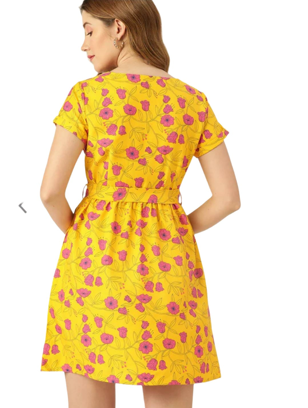 Women Mustard Yellow & Pink Floral Printed A-Line Dress