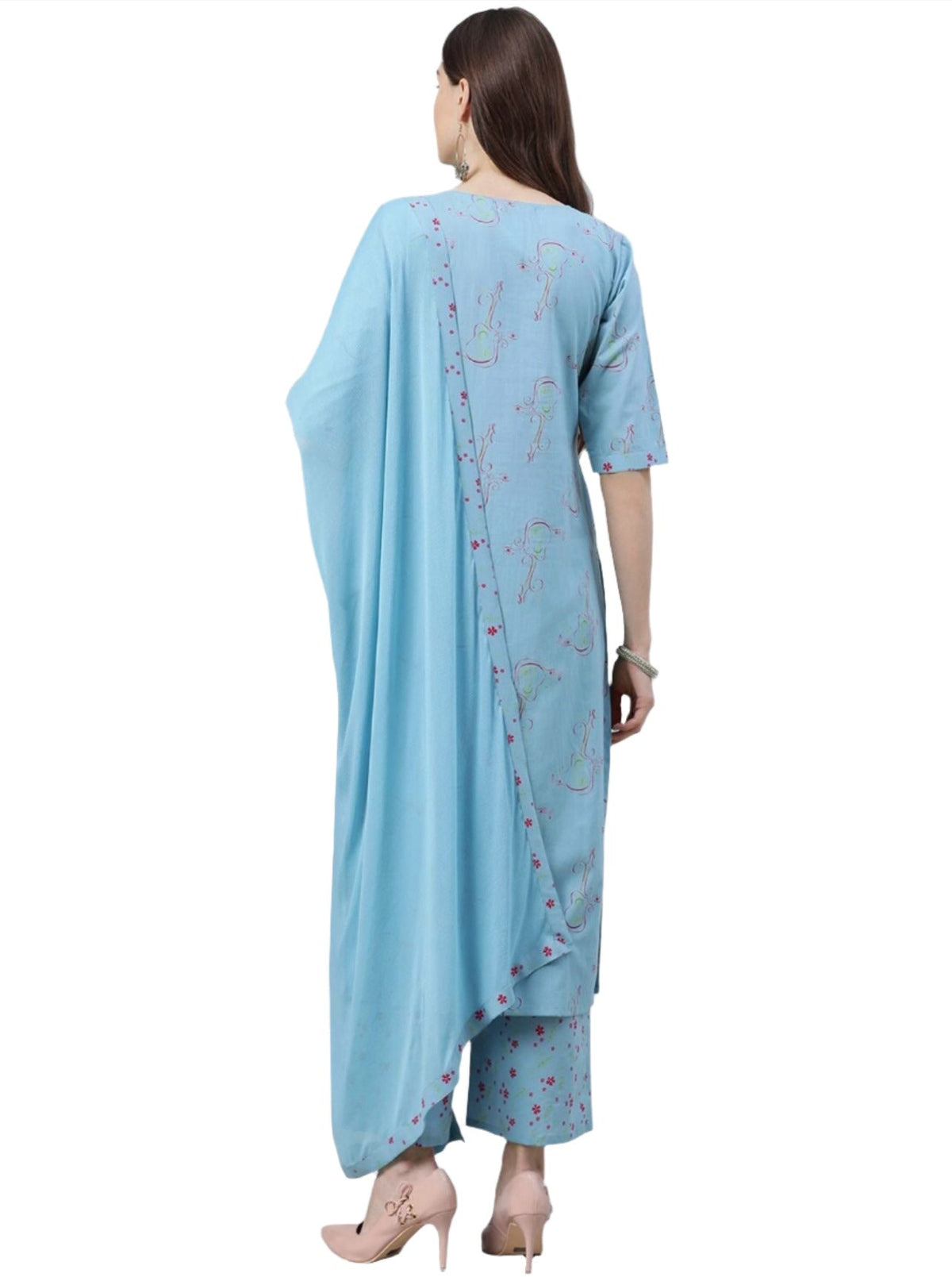 Blue Abstract Printed Pure Cotton Kurta with Palazzos & With Dupatta