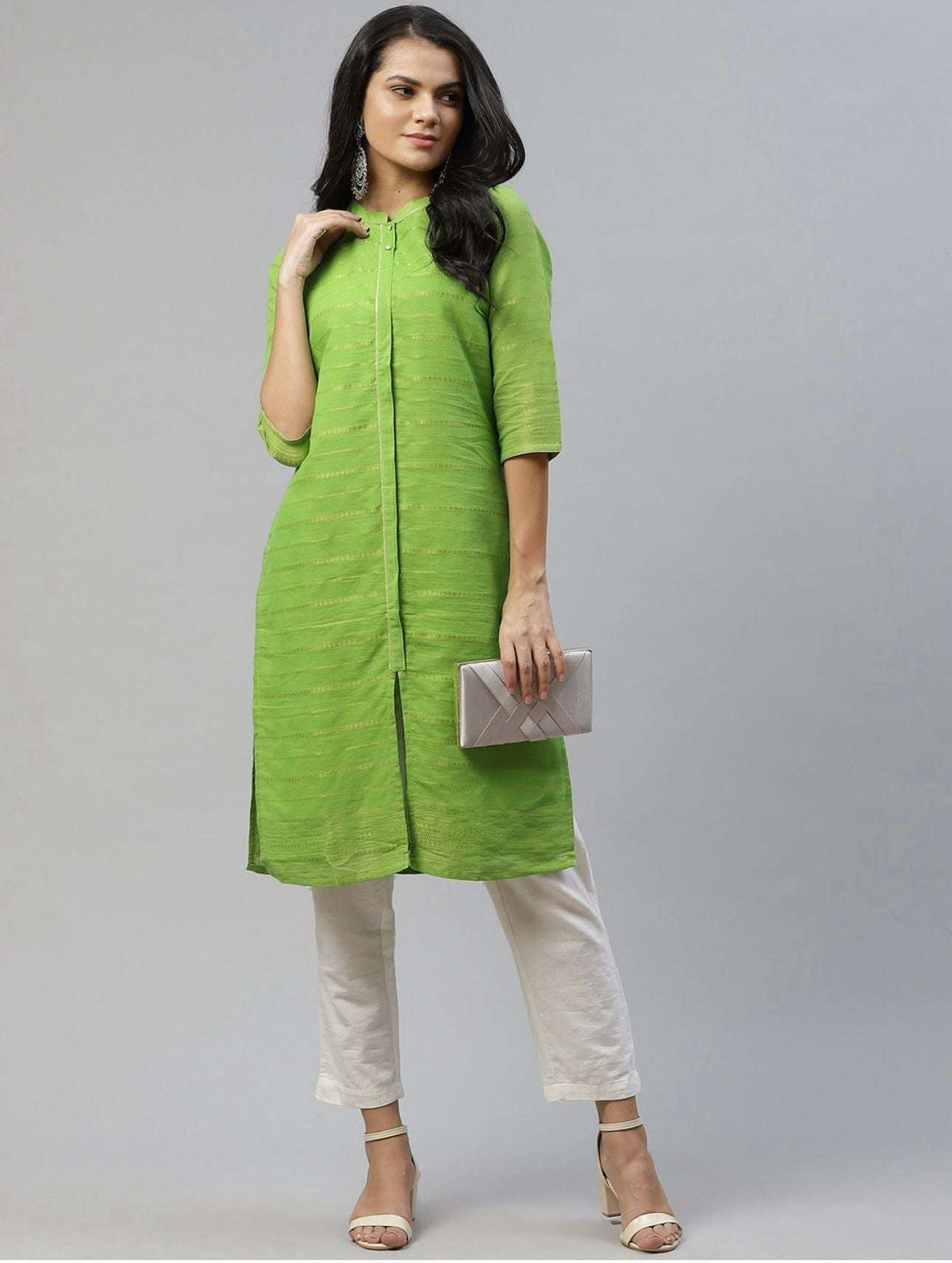 Women Green & Golden Striped Dobby Kurta