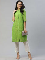 Women Green & Golden Striped Dobby Kurta