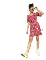 Women Pretty Pink Floral Cinched Waist Dress