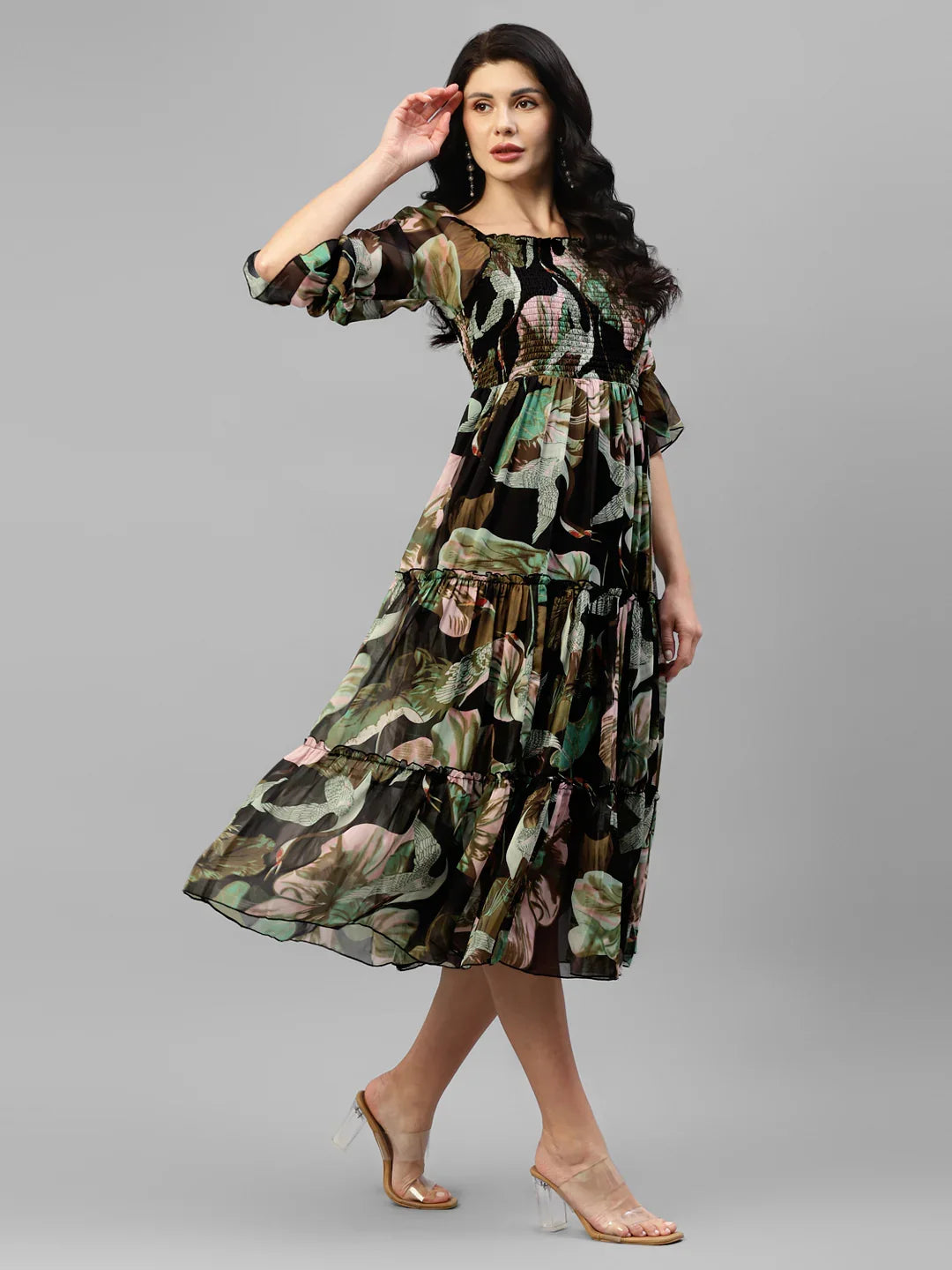 Black Multi Colour Printed Chiffon Smocked Tiered Dress in Germany