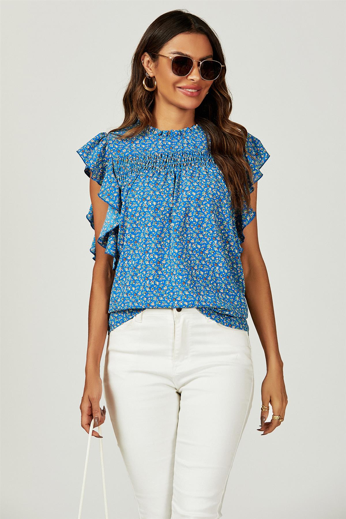 Floral Print Frill Hem Short Sleeve Blouse Top In Blue