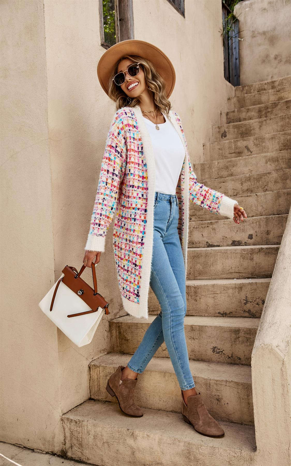 Cream Boucle Check Cardigan In Rainbow Multicolour Speckles