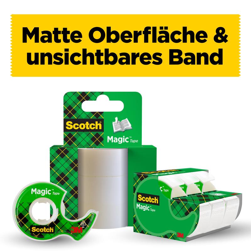 Scotch® Magic™ Unsichtbares Klebeband, 19 mm x 25 mm, 1 Rolle auf Handabroller/Packung + 5 m GRATIS
