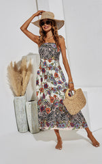 Black Zebra & Floral Print Tie On Shoulder Strappy Midi Dress In White