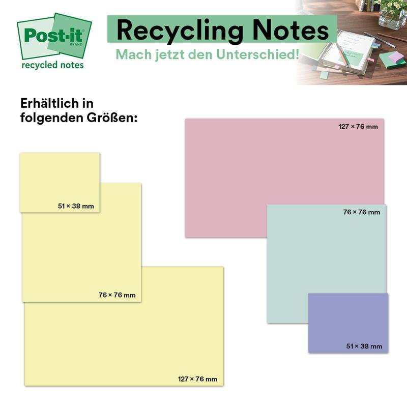 Post-it® Recycling Notes, 38 mm x 51 mm, 100 Blatt/Block, 100% PEFC