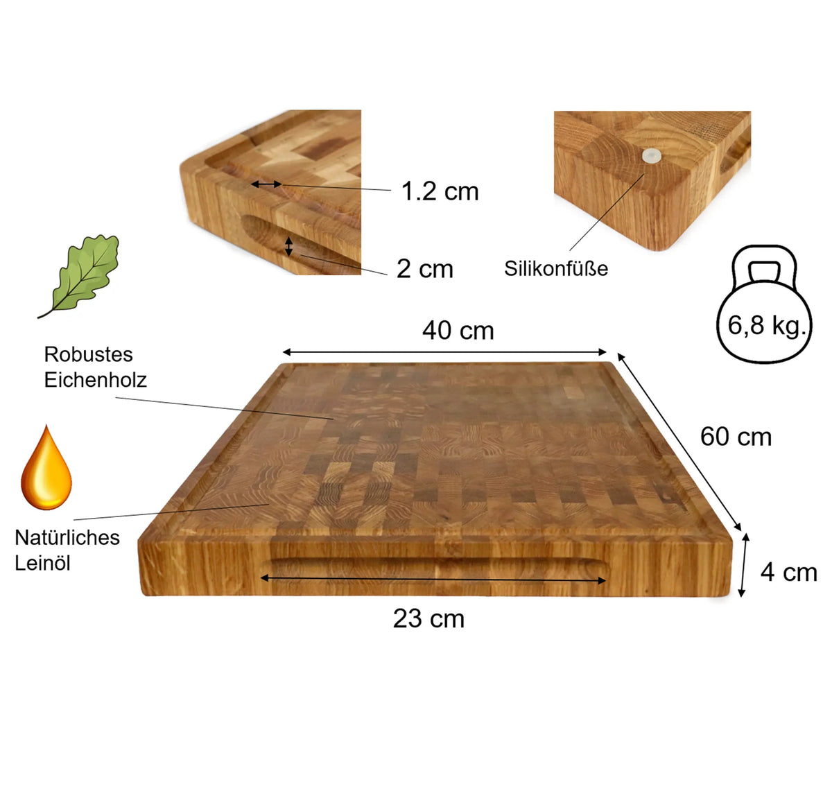 XXL Stirnholz Schneidebrett Eiche 60x40x4cm – Massives Hirnholzbrett & Hackblock