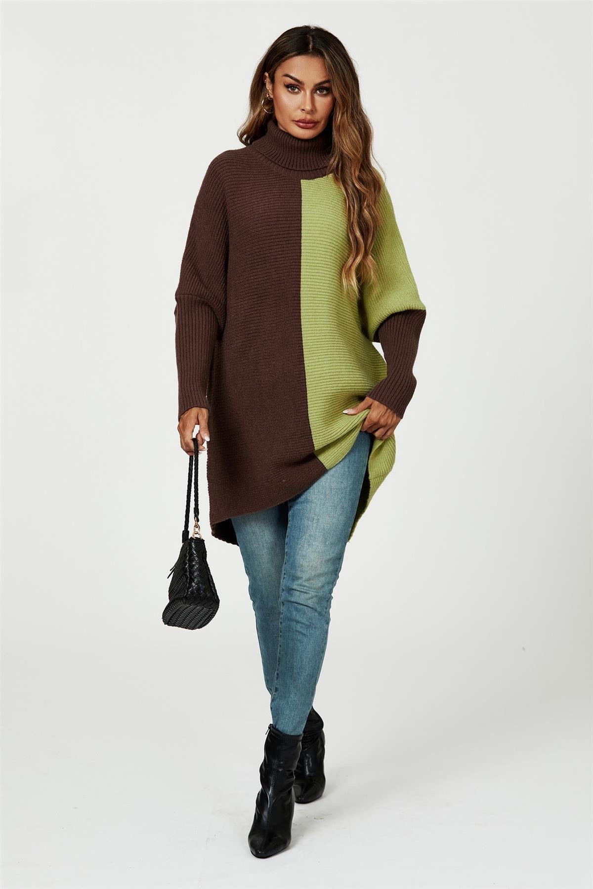 High Neck Half Brown & Green Block Colour Jumper Top