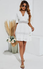 V Neck Lace Mini Dress In Ivory White