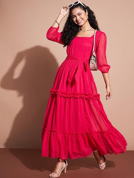 Self Design Puff Sleeve Tiered Ruffled Maxi Dress in Germany