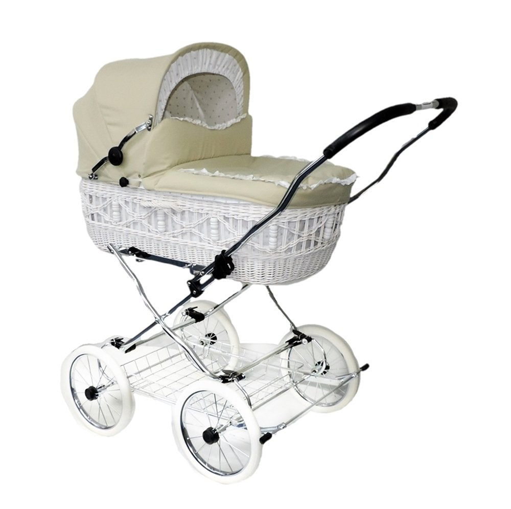 EICHHORN Weidenkorb Kinderwagen, Korb Weiß, Stoff Beige - große Liegefläche, weich gefedert, inklusive Matratze und Regenschutzbezug