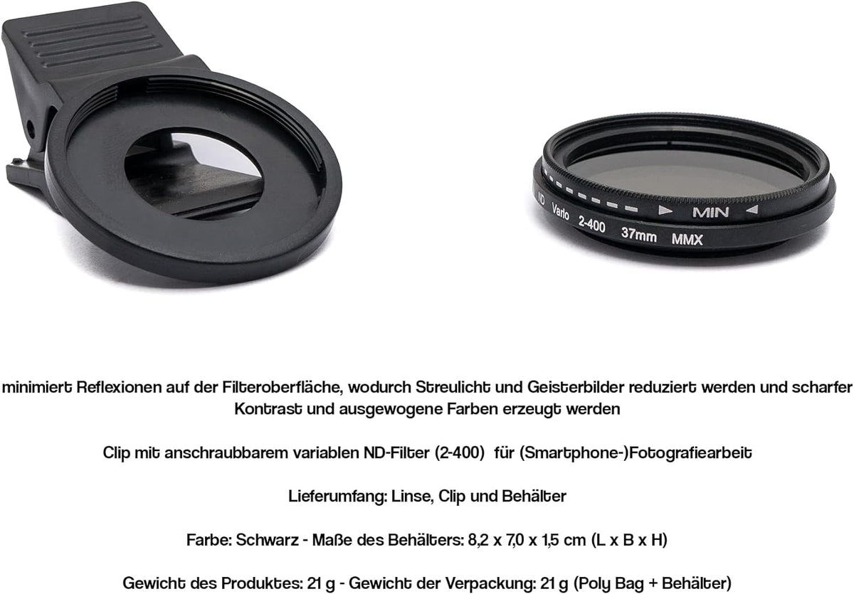 ND Vario Filter 37 mm Neutraldichtefilter Graufilter mit Clip für Smartphone | System-S