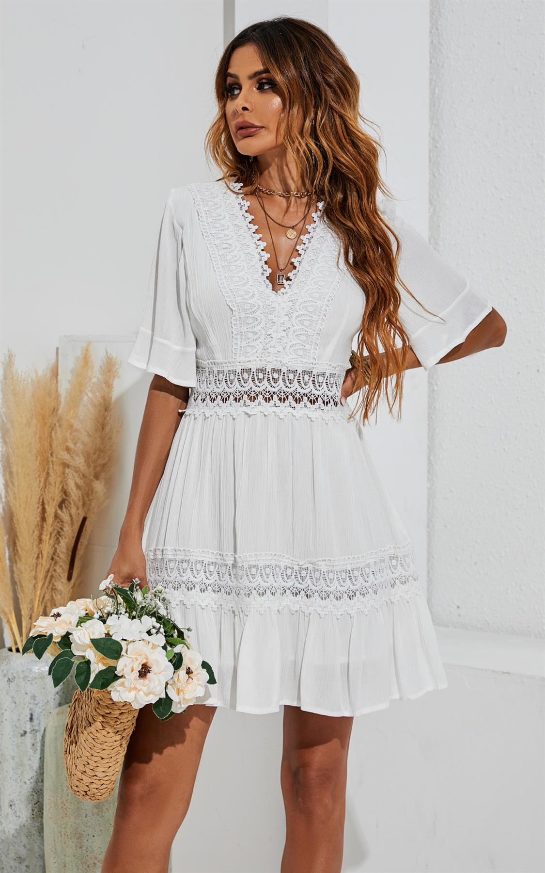 V Neck Lace Mini Dress In Ivory White
