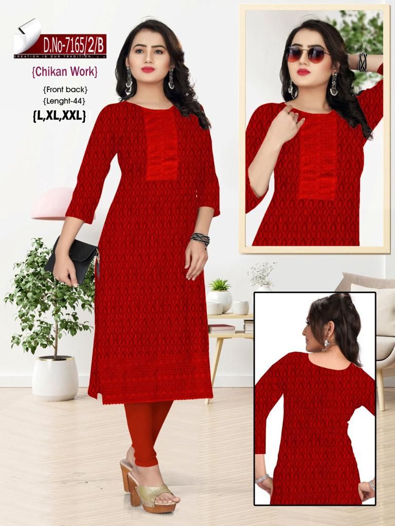 Women Red Embroidered Chikankari Straight Kurta