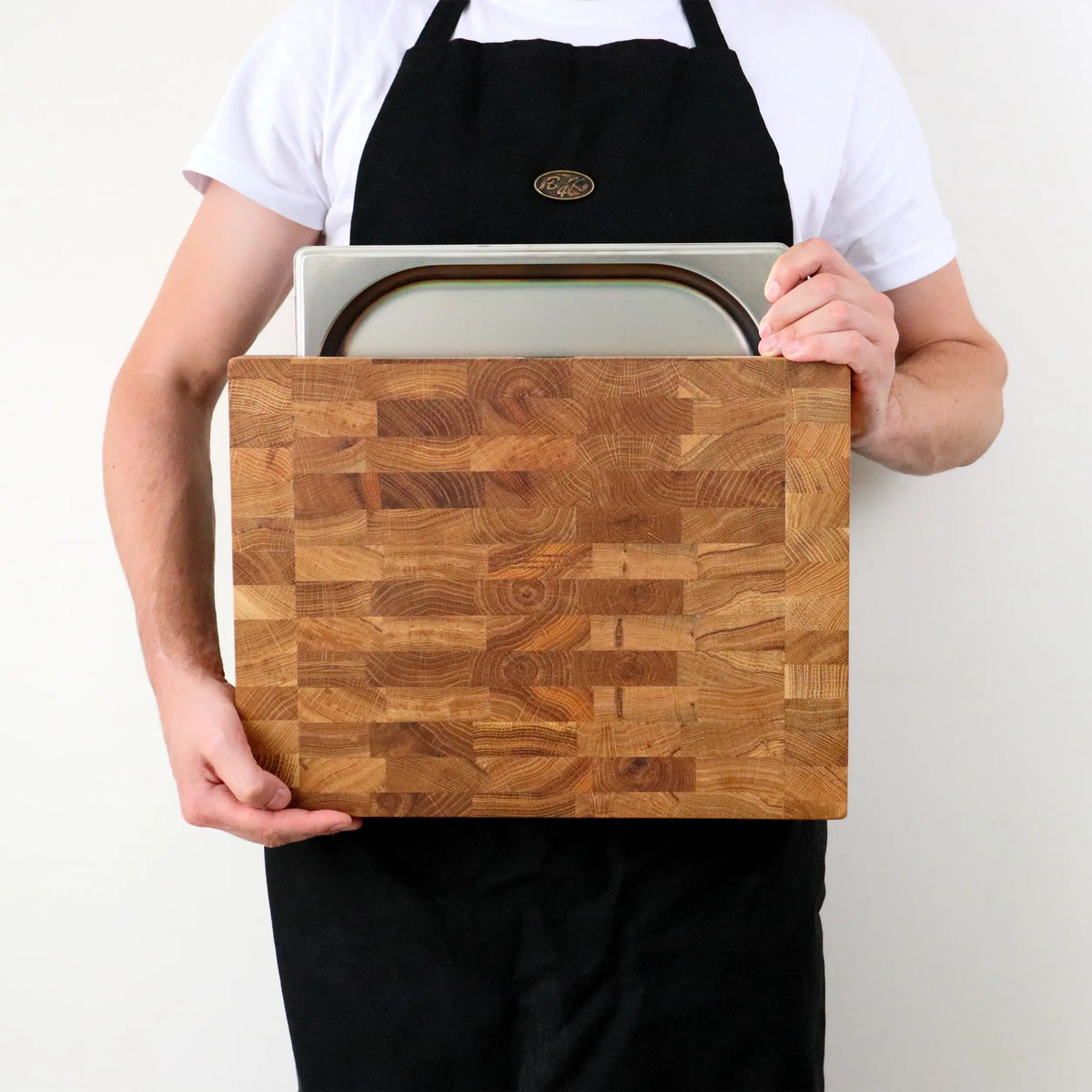 Stirnholz Schneidebrett Eiche 40x30x6cm – Massiv mit Edelstahl-Auffangschale