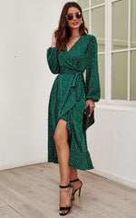 Long Sleeve Wrap Midi Dress In Green
