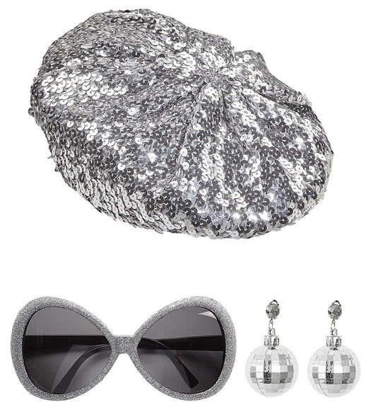 "Disco Babe" Set 3-tlg. 68599 | Silber - Mütze, Ohrringe und Brille