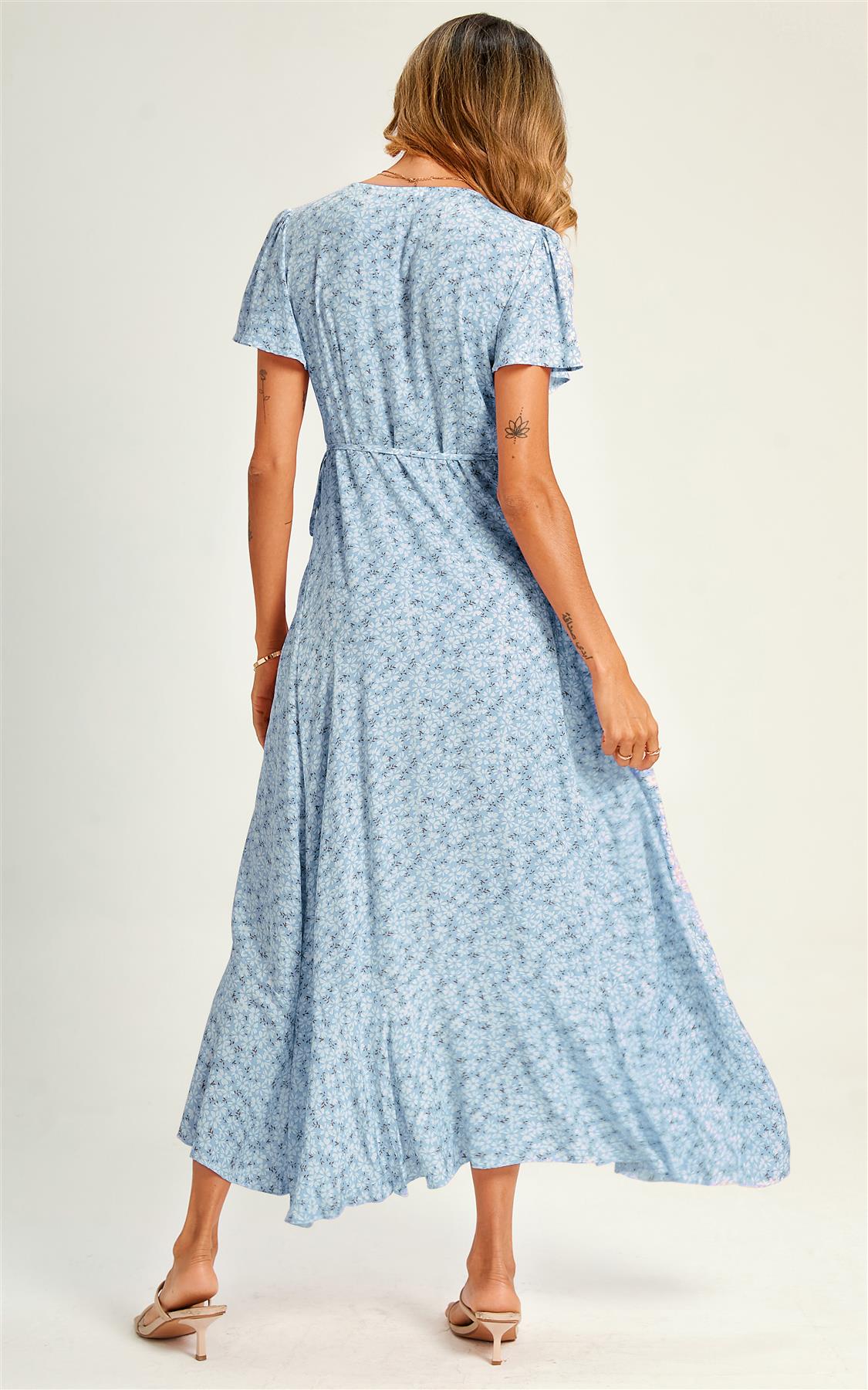 Summer Floral Print Hem Wrap Midi Dress In Blue