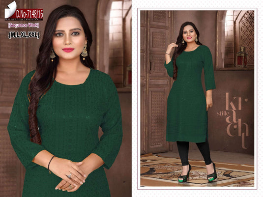 Women Bottle Green Embroidered  with Sequence Chikankari Straight Kurta Namma Markt