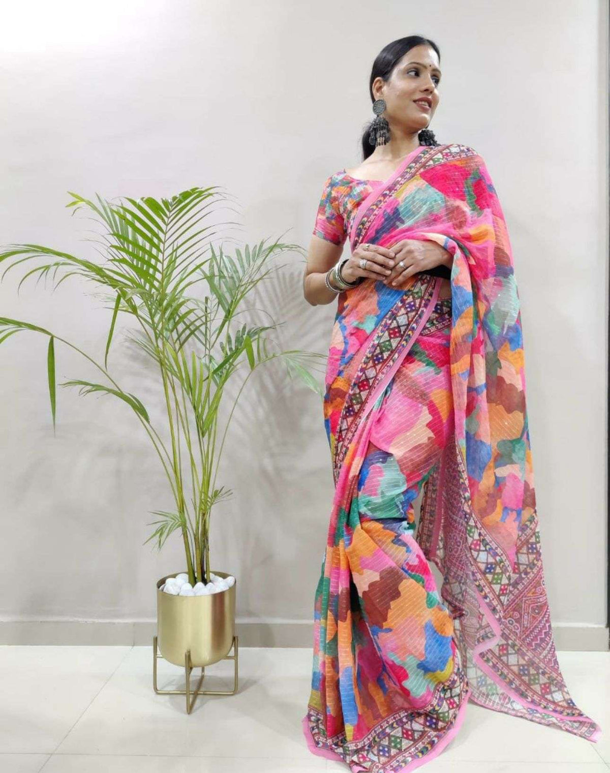 Ready To Wear Saree Premium Georgette With Digital Print With Crochet Sequins Work