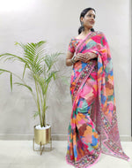 Ready To Wear Saree Premium Georgette With Digital Print With Crochet Sequins Work