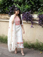 Off White & Pink Cotton Floral Thread Work Kurta with Palazzos & Dupatta
